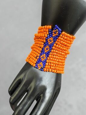 Handcrafted Orange and Blue Beaded Cuff Bracelet